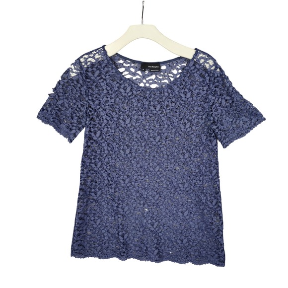 The Kooples Elegant Lace Top Short Sleeve Sheer Blue Blouse Womens Size‎ M Luxe - Picture 1 of 7